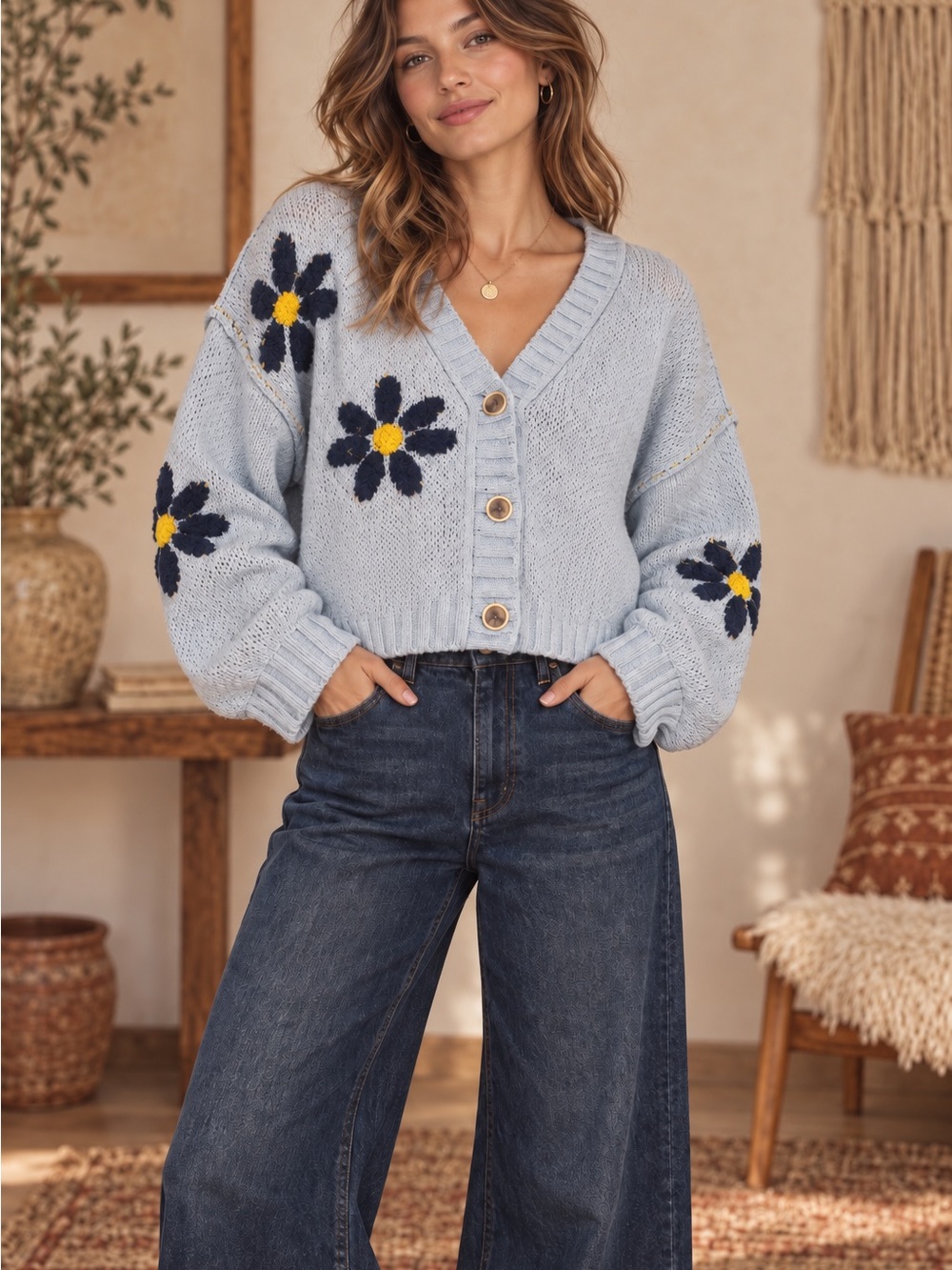 POL Light Blue Cardigan with Navy and Yellow Floral (121456) 🌼